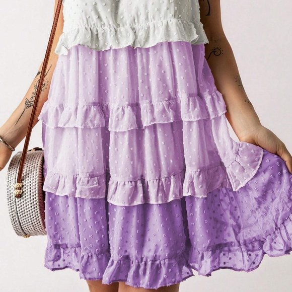 Multicolor Boho Womens Swiss Dot Ruffle Trim Layered Hem Cami Dress - Picture 4 of 5